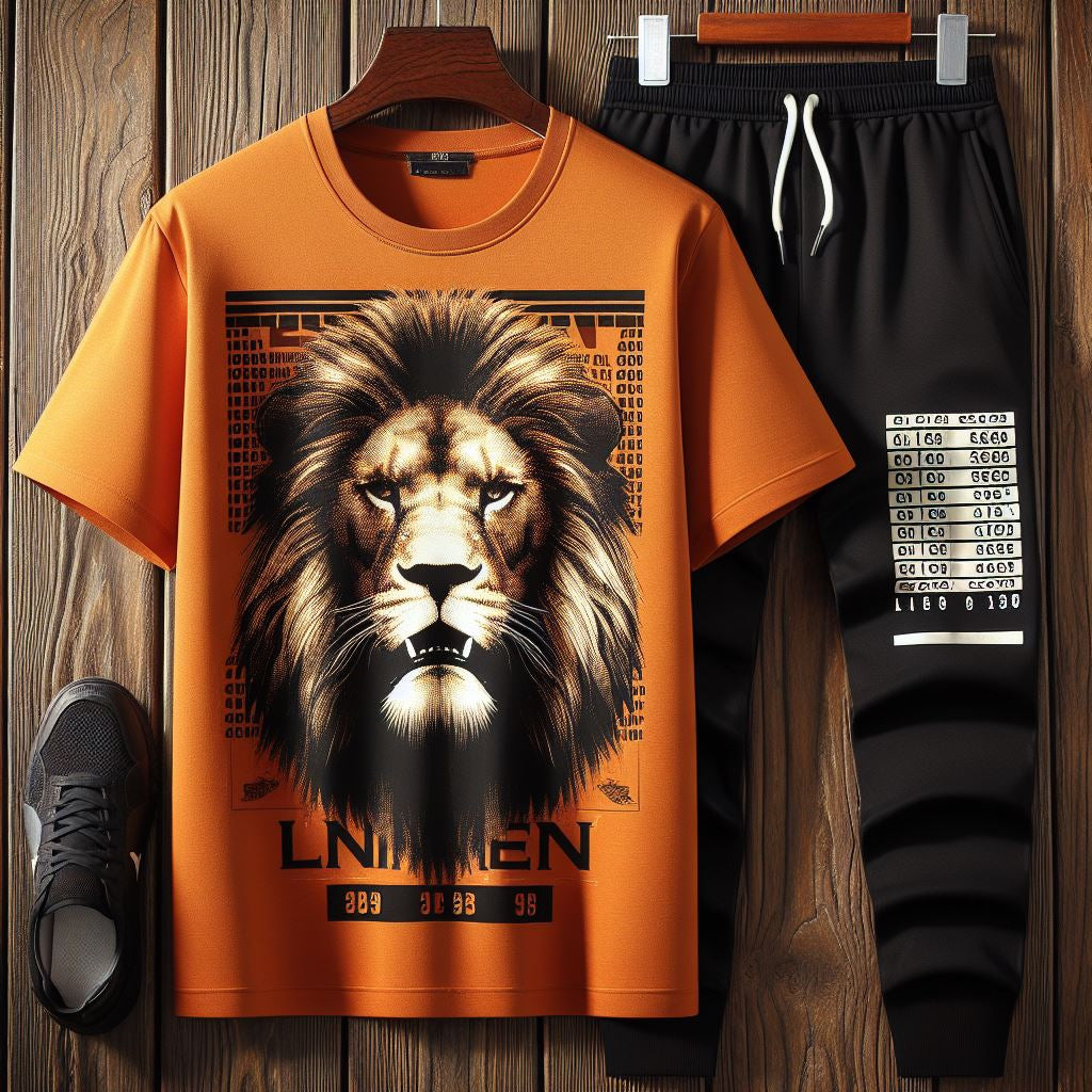 Mens Printed T-Shirt and Pants Co Ord Set GMCSPRTP10 - Orange Black